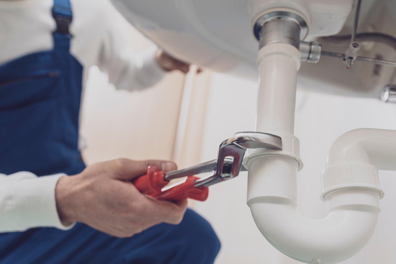 Plumber fixing drain on the basin